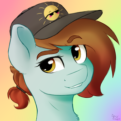 Size: 2000x2000 | Tagged: safe, artist:spirit-dude, oc, oc only, oc:spirit rose, pony, baseball cap, bust, cap, female, hat, high res, ponytail, portrait, solo