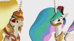 Size: 3840x2160 | Tagged: safe, artist:goatcanon, derpibooru exclusive, daybreaker, princess celestia, pony, a royal problem, g4, 3d, banana, bananalestia, cute, cutelestia, duality, duo, eating, fez, food, hat, herbivore, high res, nom, simple background, white background
