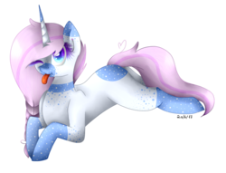 Size: 1025x785 | Tagged: safe, artist:kawurin, oc, oc only, oc:azure, pony, unicorn, female, mare, one eye closed, prone, solo, tongue out, wink