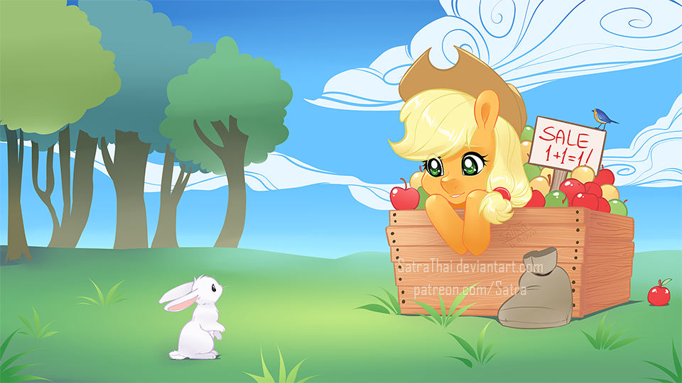#1467156 - safe, artist:satrathai, applejack, earth pony, pony, rabbit ...