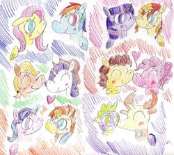 Size: 2788x2485 | Tagged: safe, artist:ptitemouette, applejack, cheese sandwich, fluttershy, pinkie pie, rainbow dash, rarity, spike, starlight glimmer, sunburst, sunset shimmer, thorax, twilight sparkle, alicorn, changedling, changeling, dragon, pony, g4, blushing, female, gay, heart, high res, king thorax, lesbian, male, ship:cheesepie, ship:flutterdash, ship:rarijack, ship:starburst, ship:sunsetsparkle, ship:thoraxspike, shipping, straight, traditional art, twilight sparkle (alicorn)