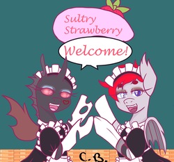 Size: 3640x3391 | Tagged: safe, artist:cottonbreeze, oc, oc only, oc:berry solstice, oc:rummy, bat pony, changeling, pony, brothel, changeling oc, clothes, crossdressing, femboy, heterochromia, high res, maid, male, red changeling, welcome