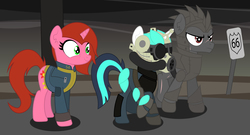 Size: 7123x3858 | Tagged: safe, artist:rainbowsurvivor, edit, oc, oc only, oc:cherry pin, oc:dragonfire, oc:star strike, pony, unicorn, fallout equestria, fallout equestria: child of the stars, absurd resolution, armor, clothes, dark, fallout, female, group, jumpsuit, mare, stable-tec, story in the comments, trio, vault suit