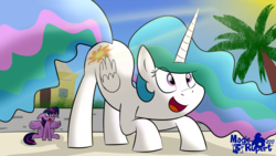 Size: 2560x1440 | Tagged: safe, artist:rupert, princess celestia, twilight sparkle, alicorn, pony, g4, crepuscular rays, eyes on the prize, female, floppy ears, looking at butt, open mouth, palm tree, reacting to nudity, sillestia, silly, spread wings, sun, tree, twilight sparkle (alicorn), wingboner, wings