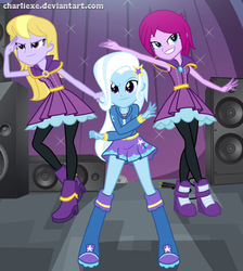 Size: 893x996 | Tagged: safe, artist:charliexe, fuchsia blush, lavender lace, trixie, human, equestria girls, g4, my little pony equestria girls: rainbow rocks, boots, clothes, female, high heel boots, high heels, hoodie, jacket, looking at you, miniskirt, pantyhose, shoes, skirt, smiling, trio, trixie and the illusions