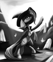 Size: 3554x4185 | Tagged: safe, artist:ponsce, trixie, pony, unicorn, g4, bipedal, cape, clothes, female, hat, high res, looking at you, mare, monochrome, rearing, smiling, smiling at you, solo, trixie's cape, trixie's hat