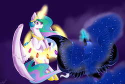 Size: 5340x3617 | Tagged: safe, artist:ri20, nightmare moon, princess celestia, alicorn, pony, g4, absurd resolution, crown, elements of harmony, flying, jewelry, magic, peytral, regalia, royal sisters