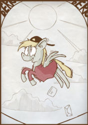 Size: 424x600 | Tagged: safe, artist:mspaintr0cks, derpy hooves, pony, g4, backwards cap, clothes, cloud, female, flying, hat, mail, smiling, solo, sun