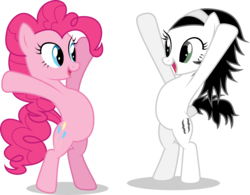 Size: 7724x6040 | Tagged: safe, artist:lazypixel, pinkie pie, oc, oc:null, earth pony, pony, g4, absurd resolution, belly, bipedal, duo, female, mare, round belly, shadow, simple background, sogreatandpowerful, transparent background, vector
