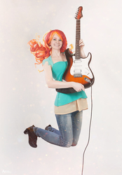 Size: 835x1200 | Tagged: safe, artist:sunny-tooi, sunset shimmer, human, equestria girls, g4, clothes, cosplay, costume, electric guitar, guitar, irl, irl human, musical instrument, photo