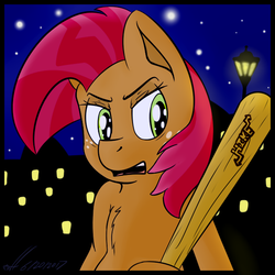 Size: 620x620 | Tagged: safe, artist:xwoofyhoundx, babs seed, pony, g4, angry, baseball bat, female, lamppost, lights, night, solo, starts