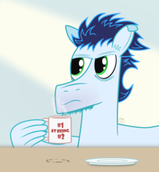 Size: 4000x4314 | Tagged: safe, artist:landmark520, soarin', pegasus, pony, g4, absurd resolution, bed mane, coffee, coffee mug, male, morning, mug, solo, stallion, vector, wing hands, wing hold