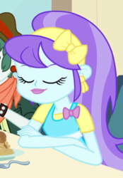 Size: 371x533 | Tagged: safe, screencap, aqua blossom, scott green, equestria girls, g4, my little pony equestria girls, apple fritter (food), bowtie, cropped, ear piercing, earring, eyes closed, food, fork, headband, jewelry, piercing