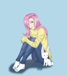 Size: 1024x1157 | Tagged: safe, artist:gothangel0729, angel bunny, fluttershy, human, g4, clothes, duo, female, hair over one eye, humanized, pants, smiling, socks, sweater, sweatershy