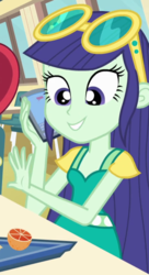 Size: 406x749 | Tagged: safe, screencap, blueberry cake, equestria girls, g4, my little pony equestria girls, cellphone, cropped, female, food, glasses, orange, phone