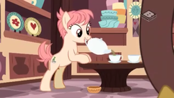 Size: 2560x1440 | Tagged: safe, screencap, discord, raspberry vinaigrette, earth pony, pony, discordant harmony, g4, boomerang (tv channel), cup, offscreen character, teapot