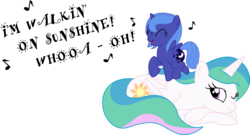 Size: 8000x4318 | Tagged: safe, artist:dravoxianart, princess celestia, princess luna, alicorn, pony, g4, .svg available, absurd resolution, dialogue, duo, eyes closed, female, filly, inkscape, katrina and the waves, one eye closed, prone, pun, simple background, singing, smiling, song reference, transparent background, vector, walking on sunshine, woona, younger