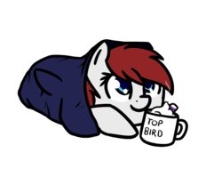 Size: 805x613 | Tagged: safe, artist:neuro, oc, oc only, oc:feather scarf, pegasus, pony, blanket, chocolate, coffee mug, colored pupils, female, food, hot chocolate, mare, mug, simple background, solo, top bird, transparent background