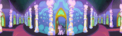 Size: 3840x1151 | Tagged: safe, edit, edited screencap, screencap, starlight glimmer, pony, unicorn, celestial advice, g4, the crystalling, animated, arch, carpet, clothes, cloud, crossroads, crystal, door, doorway, female, gif, hallway, heart, lamp, loop, mural, offscreen character, panorama, pillar, reversed, solo, starlight's room, stars, twilight's castle, window