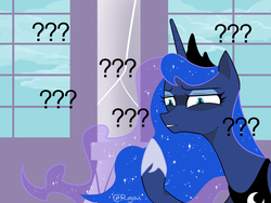 Size: 1024x768 | Tagged: safe, artist:extraluna, princess luna, alicorn, pony, g4, confused, crown, female, jewelry, looking at you, mare, question mark, raised hoof, reaction image, regalia, solo, wtf