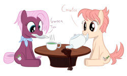 Size: 1000x600 | Tagged: safe, artist:mightyshockwave, jasmine leaf, raspberry vinaigrette, earth pony, pony, discordant harmony, g4, coffee, cup, cute, earth pony problems, female, green tea, mare, meme, silly, simple background, spill, spilled drink, tea party, tea pony, teacup, white background