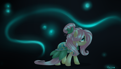 Size: 1780x1024 | Tagged: safe, artist:nika-rain, fluttershy, pegasus, pony, g4, abstract background, clothes, dress, female, mare, solo, walking