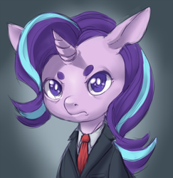 Size: 972x1000 | Tagged: artist needed, safe, starlight glimmer, pony, unicorn, g4, beanbrows, clothes, eyebrows, female, frown, necktie, shirt, solo, suit