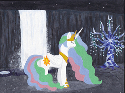 Size: 1428x1069 | Tagged: safe, artist:malte279, princess celestia, tree of harmony, alicorn, pony, g4, acrylic painting, eyes closed, female, night, solo, traditional art