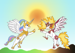 Size: 876x622 | Tagged: safe, artist:malte279, daybreaker, princess celestia, alicorn, pony, a royal problem, g4, armor, catasterism, sun, warrior celestia