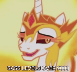 Size: 947x884 | Tagged: safe, edit, edited screencap, screencap, daybreaker, pony, a royal problem, g4, animated, cropped, female, gif, it's over 9000, looking at you, meme, sassy, shaking, smiling, solo