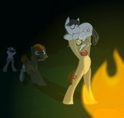 Size: 3900x3700 | Tagged: safe, artist:binkyt11, artist:serenawyr, biff, doctor caballeron, rogue (g4), withers, earth pony, pony, g4, bipedal, draw the squad, fire, forest, henchmen, high res, male, mismatched eyes, missing accessory, screaming, sleeping, stallion, this will end in pain