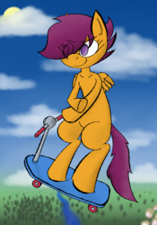 Size: 505x721 | Tagged: safe, artist:chumguzzle, artist:overunity, scootaloo, pegasus, pony, g4, female, scooter, solo