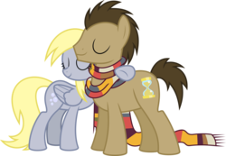 Size: 9254x6400 | Tagged: safe, artist:parclytaxel, derpy hooves, doctor whooves, time turner, earth pony, pegasus, pony, g4, slice of life (episode), .svg available, absurd resolution, clothes, eyes closed, female, fourth doctor's scarf, hug, male, mare, scarf, shipping fuel, simple background, stallion, striped scarf, transparent background, vector