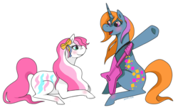 Size: 1000x619 | Tagged: safe, artist:denkis, ringlets (great hair pony), tuneful, earth pony, pony, unicorn, g1, my little pony tales, female, guitar, lesbian, mare, ship:tunelets, shipping, simple background, transparent background, twice as fancy ponies