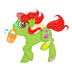 Size: 1024x1024 | Tagged: safe, artist:crystal-sushi, splash (g1), pony, g1, bucket, female, horseshoes, simple background, solo, transparent background, water