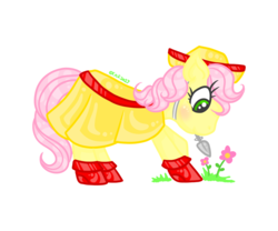 Size: 1024x853 | Tagged: safe, artist:crystal-sushi, posey, earth pony, pony, g1, clothes, dress, female, flower, hat, mare, mouth hold, simple background, transparent background, trowel