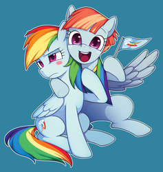 Size: 1280x1349 | Tagged: dead source, safe, artist:conte0226, rainbow dash, windy whistles, pegasus, pony, g4, blue background, blush sticker, blushing, cute, duo, embarrassed, female, flag, hug, mare, mother and daughter, simple background, windybetes
