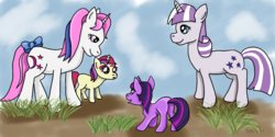 Size: 1366x685 | Tagged: safe, artist:kartaltheartist, baby moondancer, moondancer, moondancer (g1), twilight sparkle, twilight velvet, pony, g1, g4, bow, cute, dancerbetes, female, filly, g1 to g4, generation leap, generational ponidox, headcanon, mother and daughter, tail bow, twiabetes