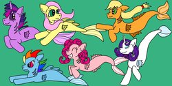 Size: 1260x633 | Tagged: safe, artist:kartaltheartist, applejack, fluttershy, pinkie pie, rainbow dash, rarity, twilight sparkle, merpony, g4, green background, mane six, seaponified, seapony applejack, seapony fluttershy, seapony pinkie pie, seapony rainbow dash, seapony rarity, seapony twilight, simple background, species swap