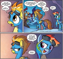 Size: 1295x1220 | Tagged: safe, artist:agnesgarbowska, idw, official comic, rainbow dash, spitfire, dragon, pegasus, pony, g4, spoiler:comic, spoiler:comic55, butt, clothes, comic, female, goggles, mare, plot, uniform, wonderbolts uniform