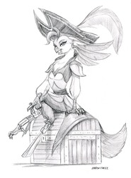 Size: 1100x1483 | Tagged: safe, artist:baron engel, captain celaeno, anthro, g4, my little pony: the movie, amputee, bedroom eyes, clothes, crossed legs, female, grayscale, lidded eyes, looking at you, monochrome, peg leg, pencil drawing, pirate, prosthetic leg, prosthetic limb, prosthetics, seductive, seductive look, seductive pose, simple background, sketch, smiling, solo, traditional art, treasure chest, white background