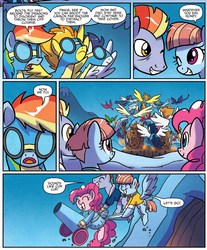 Size: 1316x1590 | Tagged: safe, artist:agnesgarbowska, idw, official comic, bow hothoof, fire streak, high winds, misty fly, pinkie pie, rainbow dash, soarin', spitfire, windy whistles, dragon, earth pony, pegasus, pony, g4, wings over yakyakistan, spoiler:comic, spoiler:comic55, female, male, mare, party cannon, rainbow dash's parents, stallion