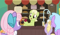 Size: 917x533 | Tagged: safe, screencap, chelsea porcelain, dinky hooves, granny smith, honey bulb, vibrant melody, earth pony, pony, g4, the perfect pear, apple, background pony, female, food, mare, young granny smith, younger