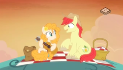 Size: 924x533 | Tagged: safe, screencap, bright mac, pear butter, earth pony, pony, g4, the perfect pear, female, guitar, looking at each other, looking at someone, male, mare, picnic, ship:brightbutter, stallion