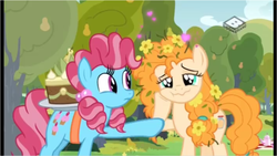 Size: 962x542 | Tagged: safe, screencap, cup cake, pear butter, earth pony, pony, the perfect pear, boomerang (tv channel), cake, chiffon swirl, duo, female, flower, flower in hair, food, heart, lidded eyes, mare, pear cake, pear tree, wavy mouth, younger