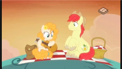 Size: 962x541 | Tagged: safe, screencap, bright mac, pear butter, earth pony, pony, g4, the perfect pear, basket, duo, female, guitar, male, mare, picnic, picnic basket, picnic blanket, ship:brightbutter, stallion