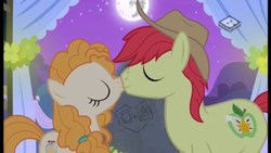 Size: 2560x1440 | Tagged: safe, screencap, bright mac, pear butter, earth pony, pony, g4, the perfect pear, boomerang (tv channel), eyes closed, kiss on the lips, kissing, mare in the moon, marriage, moon, night, ship:brightbutter, shipping, wedding