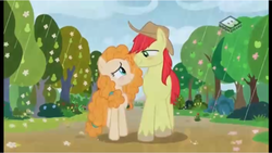 Size: 960x542 | Tagged: safe, screencap, bright mac, pear butter, earth pony, pony, g4, the perfect pear, apple tree, blushing, hat, looking at each other, pear tree, rain, ship:brightbutter, spring, tree