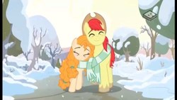 Size: 2560x1440 | Tagged: safe, screencap, bright mac, pear butter, earth pony, pony, g4, season 7, the perfect pear, clothes, duo, eyes closed, female, male, mare, scarf, ship:brightbutter, stallion, winter