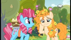 Size: 2560x1440 | Tagged: safe, screencap, cup cake, pear butter, earth pony, pony, g4, the perfect pear, cake, chiffon swirl, duo, female, flower, flower in hair, food, heart, lidded eyes, mare, pear cake, pear tree, wavy mouth, younger